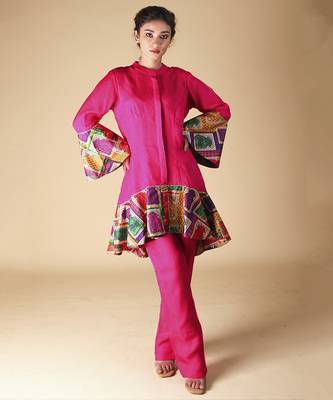 Pink plain silk kurta with pant 1