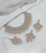 Elegant  gold-plated kundan pearl bridal jewelry set traditional handcrafted necklace, earrings and maang tikka