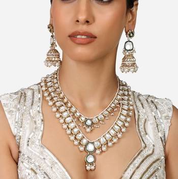 Gold-plated kundan bridal necklace set with pearls & green stones traditional indian jewelry for weddings & festive wear 1