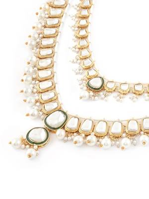 Gold-plated kundan bridal necklace set with pearls & green stones traditional indian jewelry for weddings & festive wear 2