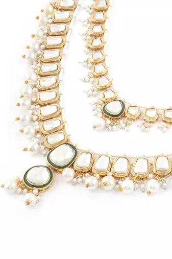 Gold-plated kundan bridal necklace set with pearls & green stones traditional indian jewelry for weddings & festive wear
