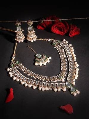 Gold-plated kundan bridal necklace set with pearls & green stones traditional indian jewelry for weddings & festive wear 3