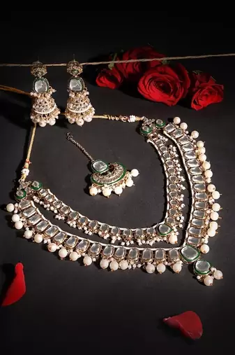 Gold-plated kundan bridal necklace set with pearls & green stones traditional indian jewelry for weddings & festive wear