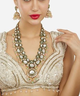 Gold-plated kundan bridal Necklace :: set with pastel beads     traditional indian wedding jewelry for women 1