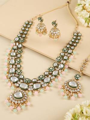 Gold-plated kundan bridal Necklace :: set with pastel beads     traditional indian wedding jewelry for women 2