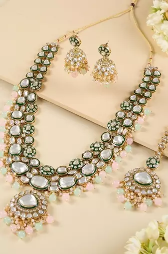 Gold-plated kundan bridal Necklace :: set with pastel beads     traditional indian wedding jewelry for women