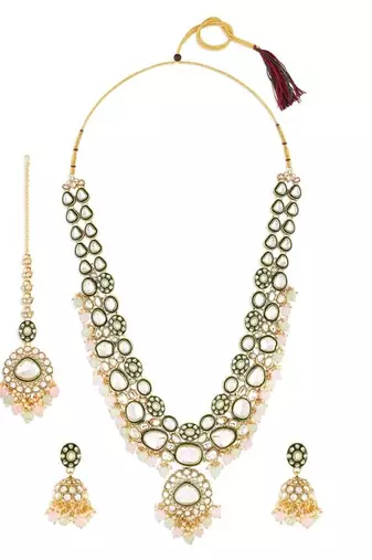 Gold-plated kundan bridal Necklace :: set with pastel beads     traditional indian wedding jewelry for women