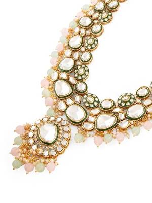 Gold-plated kundan bridal Necklace :: set with pastel beads     traditional indian wedding jewelry for women 4