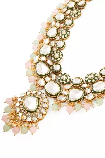 Gold-plated kundan bridal Necklace :: set with pastel beads     traditional indian wedding jewelry for women