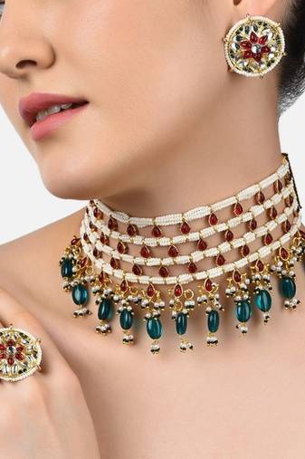 Gold-plated kundan choker necklace set with green beads & statement ring – traditional indian jewelry for women
