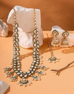 Gold-plated kundan bridal Necklace :: set with pearls     traditional indian jewelry for weddings & festivals 2