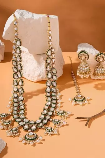 Gold-plated kundan bridal Necklace :: set with pearls     traditional indian jewelry for weddings & festivals