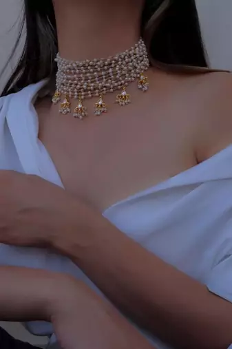 Exquisite gold-plated pearl choker Necklace :: set - traditional indian bridal jewelry  hanging pearls