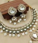 Gold-plated kundan pearl choker necklace set for women traditional bridal jewelry with earrings & maang tikka