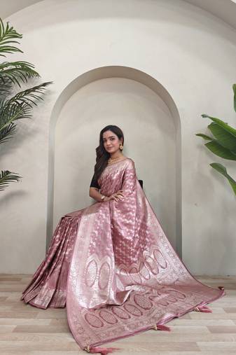Onion pink mashru satin saree with leheriya weaving design