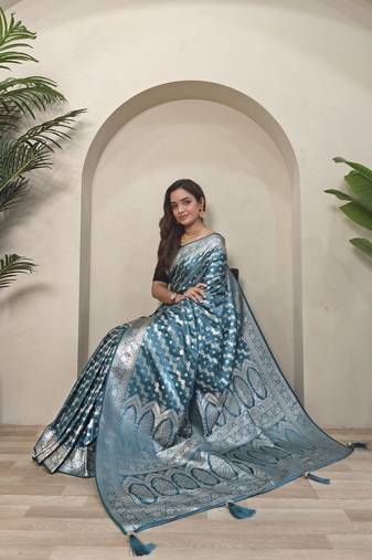 Sky blue mashru satin saree with leheriya weaving design