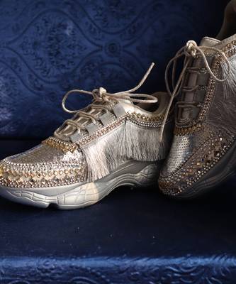 Silver leather embroidered sneakers 2
