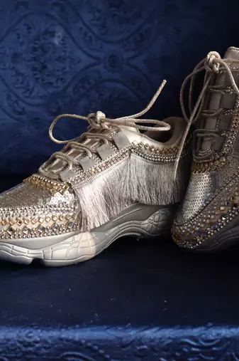 Silver leather embroidered sneakers
