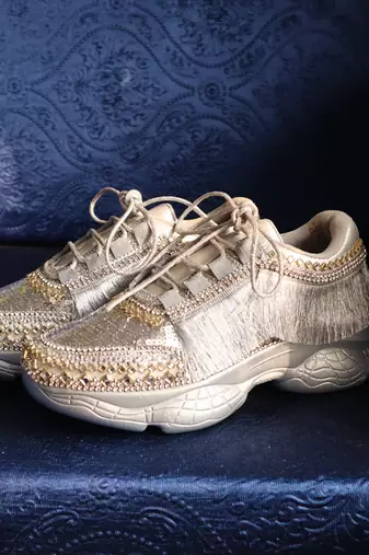 Silver leather embroidered sneakers