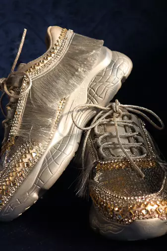 Silver leather embroidered sneakers