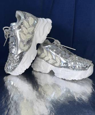 Silver leather embroidered sneakers 1