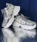 Silver leather embroidered sneakers