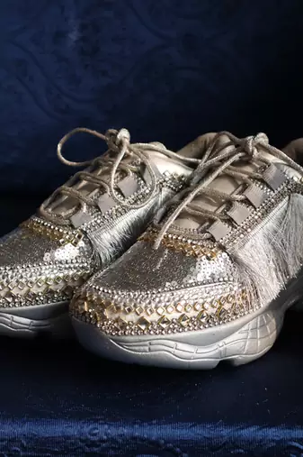 Silver leather embroidered sneakers