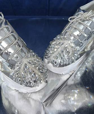 Silver leather embroidered sneakers 2