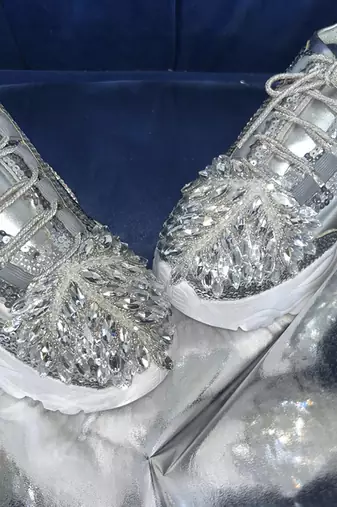 Silver leather embroidered sneakers