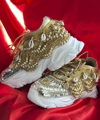 Gold  leather embroidered sneakers 1