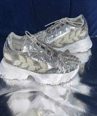 Silver leather embroidered sneakers 3