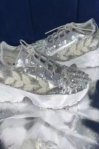 Silver leather embroidered sneakers