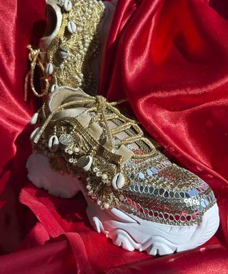Gold  leather embroidered sneakers 2