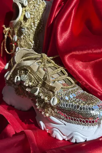 Gold  leather embroidered sneakers
