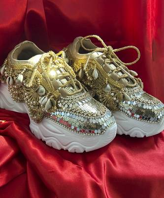 Gold  leather embroidered sneakers 3