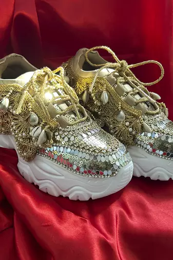 Gold  leather embroidered sneakers