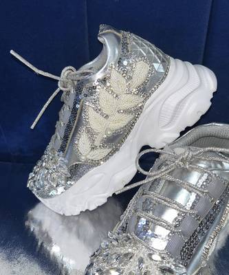 Silver leather embroidered sneakers 4