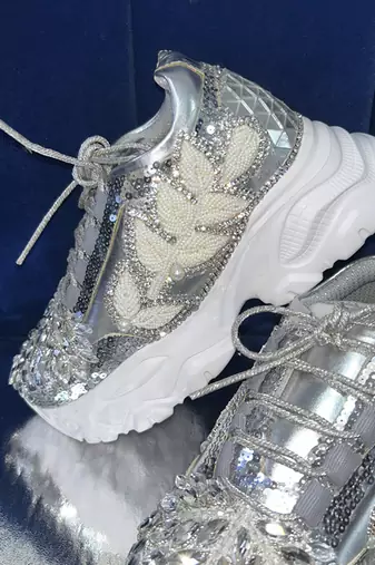 Silver leather embroidered sneakers