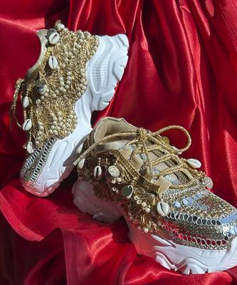 Gold  leather embroidered sneakers 4