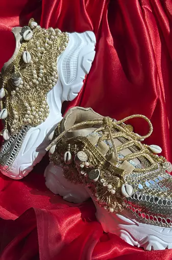 Gold  leather embroidered sneakers
