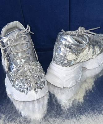 Silver leather embroidered sneakers 5