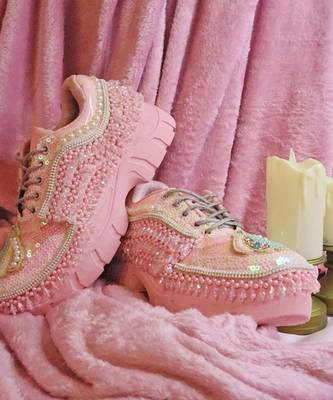 Pink leather embroidered sneakers 1