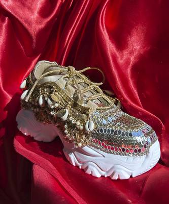 Gold  leather embroidered sneakers 5