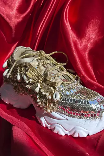 Gold  leather embroidered sneakers