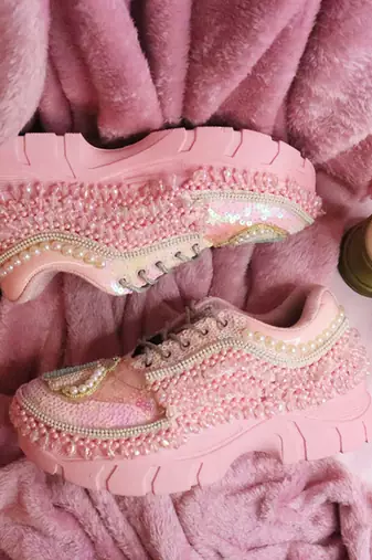 Pink leather embroidered sneakers