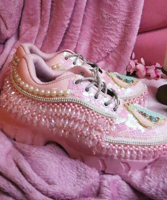Pink leather embroidered sneakers 4