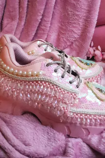 Pink leather embroidered sneakers
