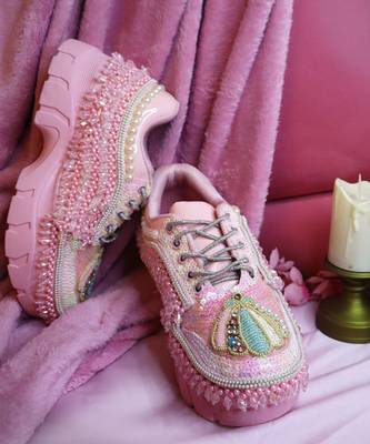 Pink leather embroidered sneakers 5
