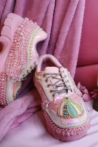 Pink leather embroidered sneakers