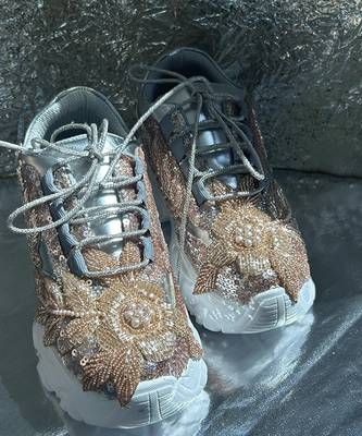 Gold leather embroidered sneakers 1